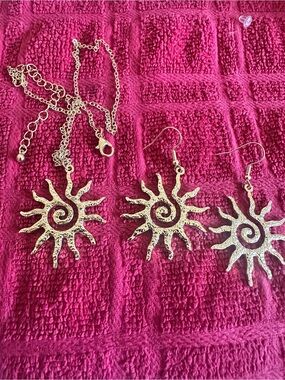 Gold Spiral Sun Necklace and Earring Set - Women’s Gold-Tone Jewelry